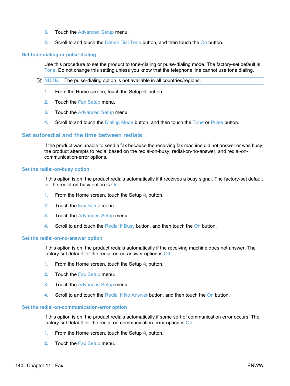 Set tone-dialing or pulse-dialing, Set autoredial and the time between redials | HP LaserJet Pro CM1415fnw Color Multifunction Printer User Manual | Page 156 / 308