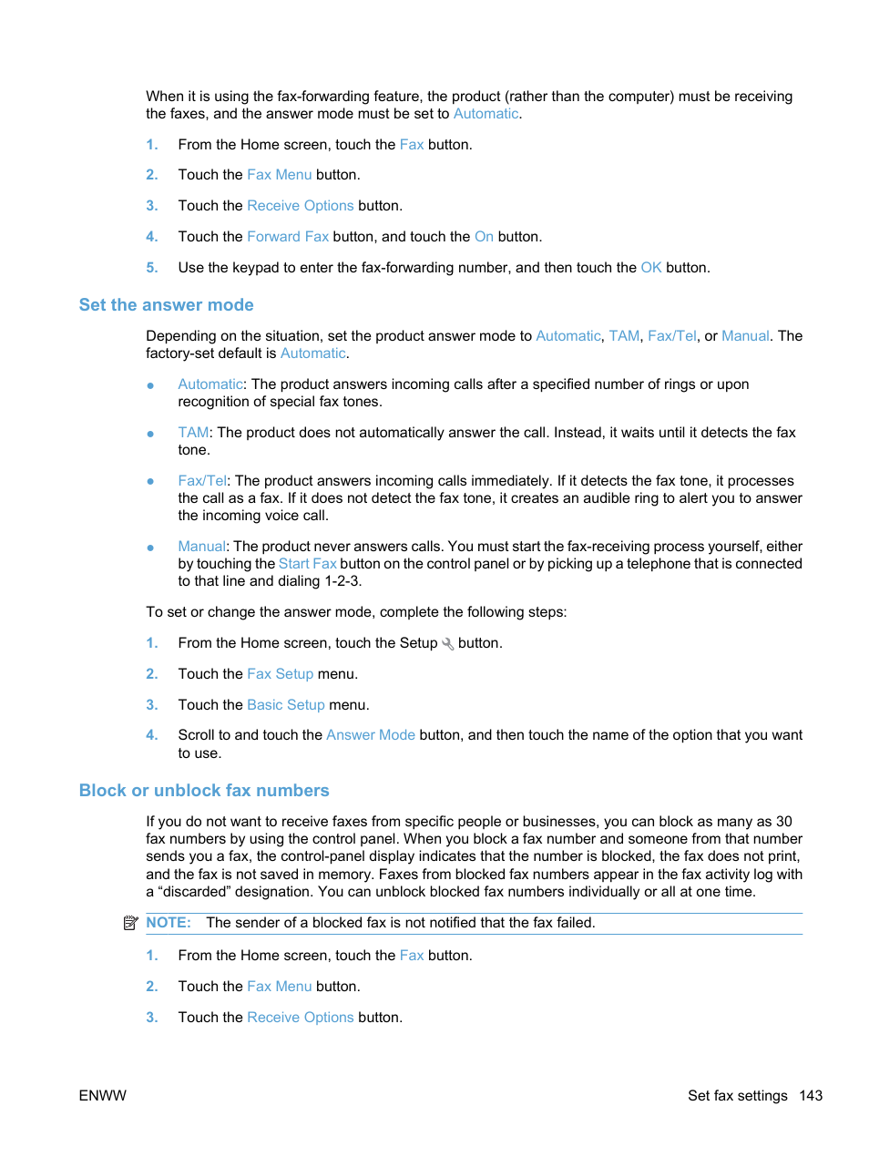 Set the answer mode, Block or unblock fax numbers | HP LaserJet Pro CM1415fnw Color Multifunction Printer User Manual | Page 159 / 308