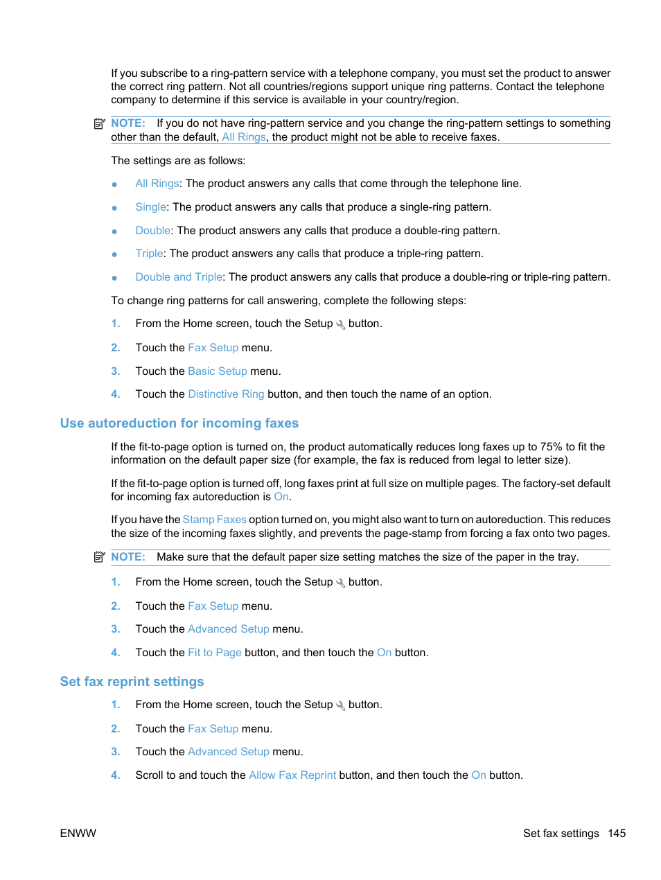 Use autoreduction for incoming faxes, Set fax reprint settings | HP LaserJet Pro CM1415fnw Color Multifunction Printer User Manual | Page 161 / 308