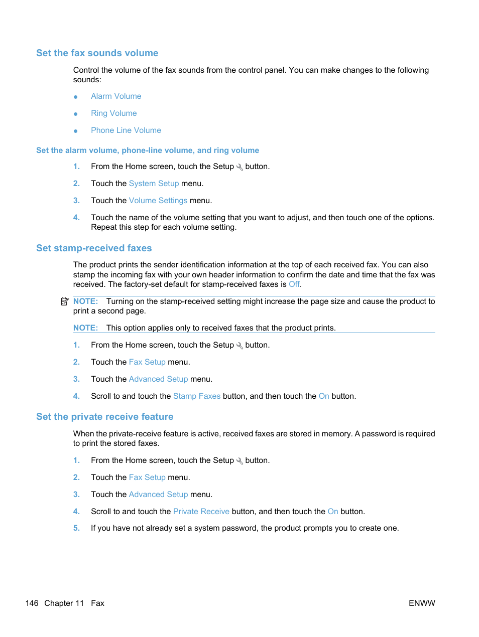 Set the fax sounds volume, Set stamp-received faxes, Set the private receive feature | HP LaserJet Pro CM1415fnw Color Multifunction Printer User Manual | Page 162 / 308