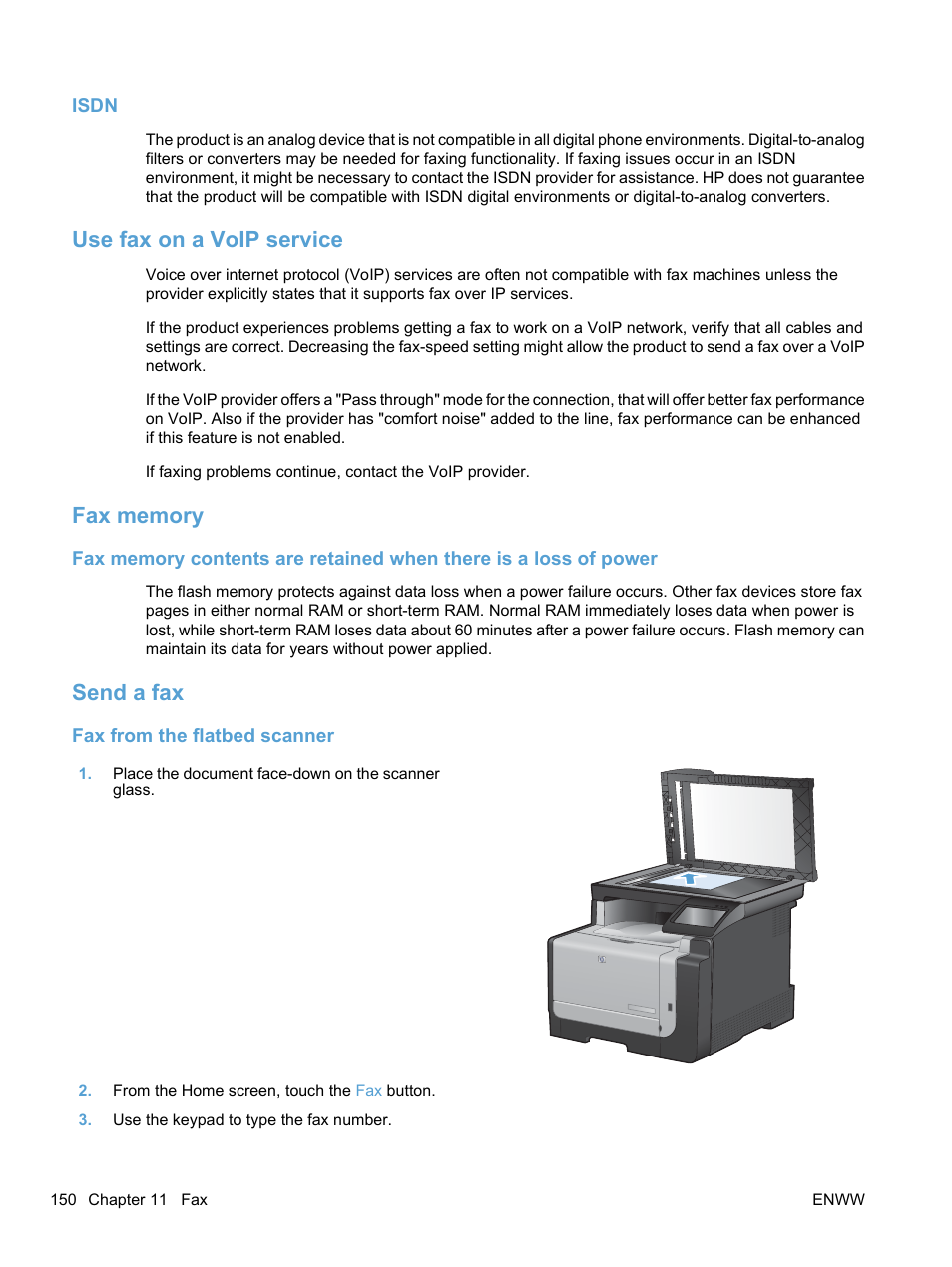 Isdn, Use fax on a voip service, Fax memory | Send a fax, Fax from the flatbed scanner, Use fax on a voip service fax memory send a fax | HP LaserJet Pro CM1415fnw Color Multifunction Printer User Manual | Page 166 / 308