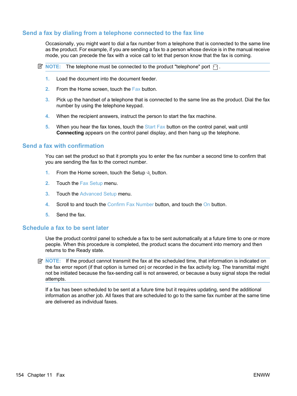 Send a fax with confirmation, Schedule a fax to be sent later | HP LaserJet Pro CM1415fnw Color Multifunction Printer User Manual | Page 170 / 308