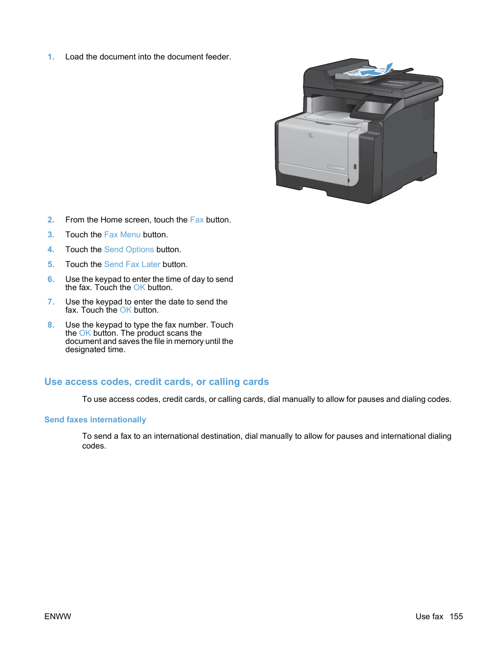 Use access codes, credit cards, or calling cards, Send faxes internationally | HP LaserJet Pro CM1415fnw Color Multifunction Printer User Manual | Page 171 / 308