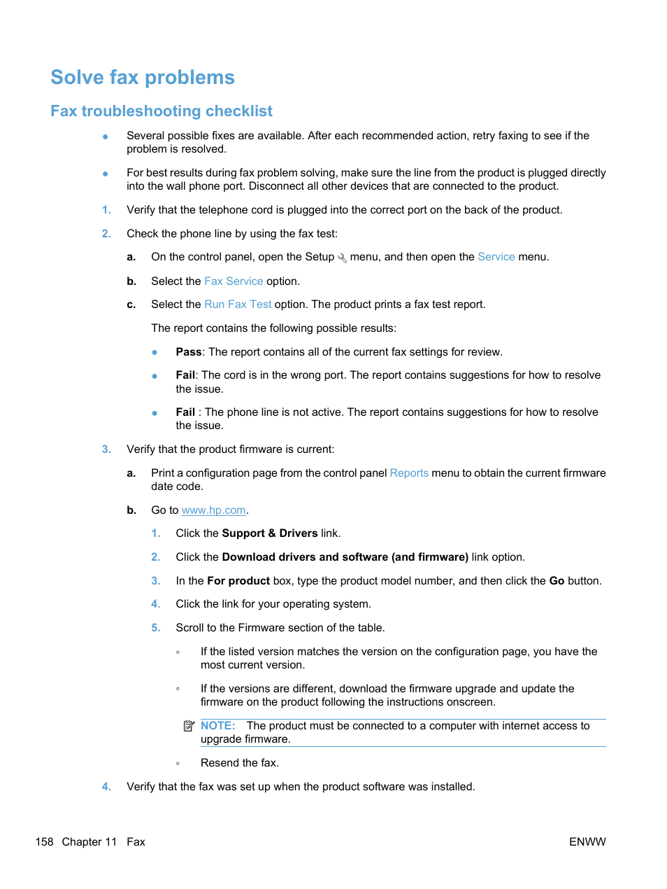 Solve fax problems, Fax troubleshooting checklist | HP LaserJet Pro CM1415fnw Color Multifunction Printer User Manual | Page 174 / 308