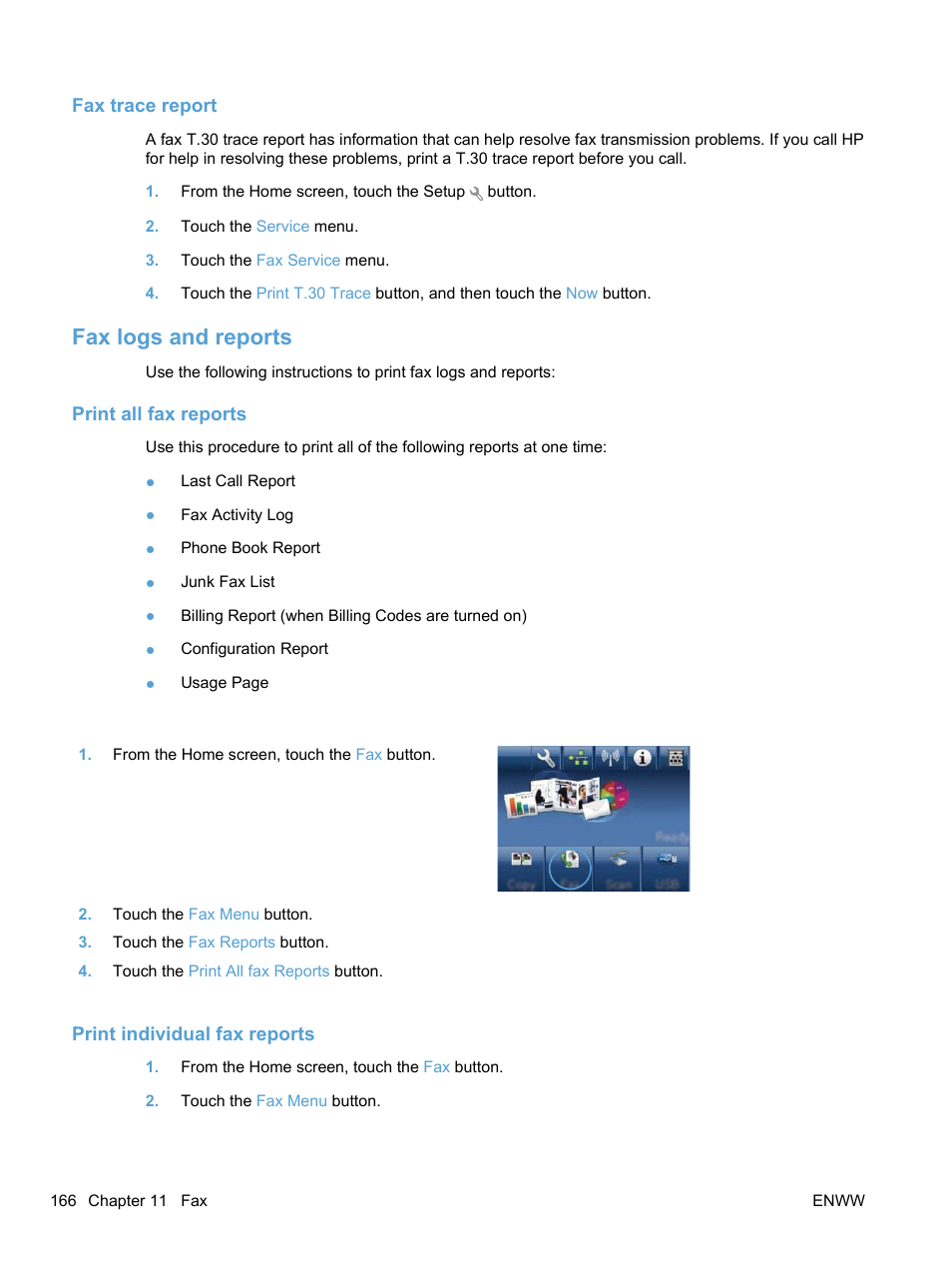 Fax trace report, Fax logs and reports, Print all fax reports | Print individual fax reports | HP LaserJet Pro CM1415fnw Color Multifunction Printer User Manual | Page 182 / 308