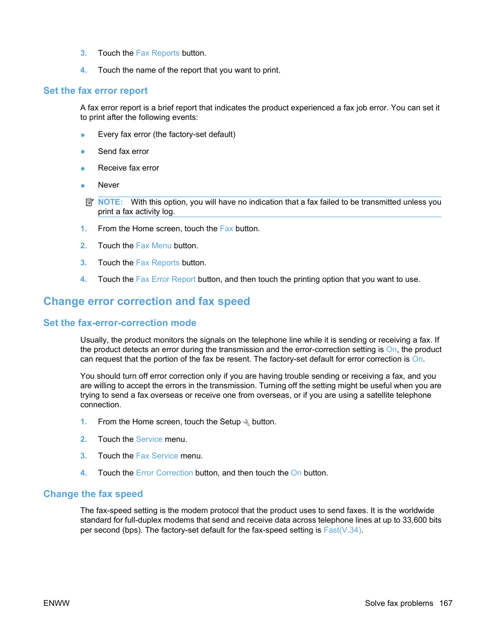 Set the fax error report, Change error correction and fax speed, Set the fax-error-correction mode | Change the fax speed | HP LaserJet Pro CM1415fnw Color Multifunction Printer User Manual | Page 183 / 308