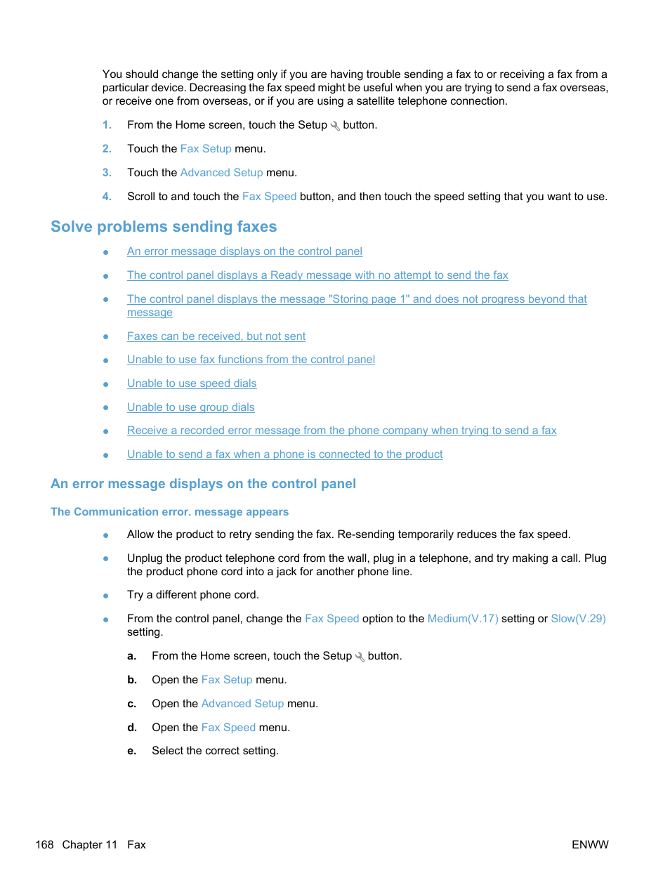 Solve problems sending faxes, An error message displays on the control panel, The communication error. message appears | HP LaserJet Pro CM1415fnw Color Multifunction Printer User Manual | Page 184 / 308