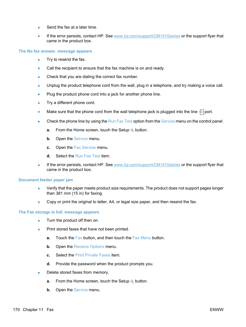 The no fax answer. message appears, Document feeder paper jam, The fax storage is full. message appears | HP LaserJet Pro CM1415fnw Color Multifunction Printer User Manual | Page 186 / 308