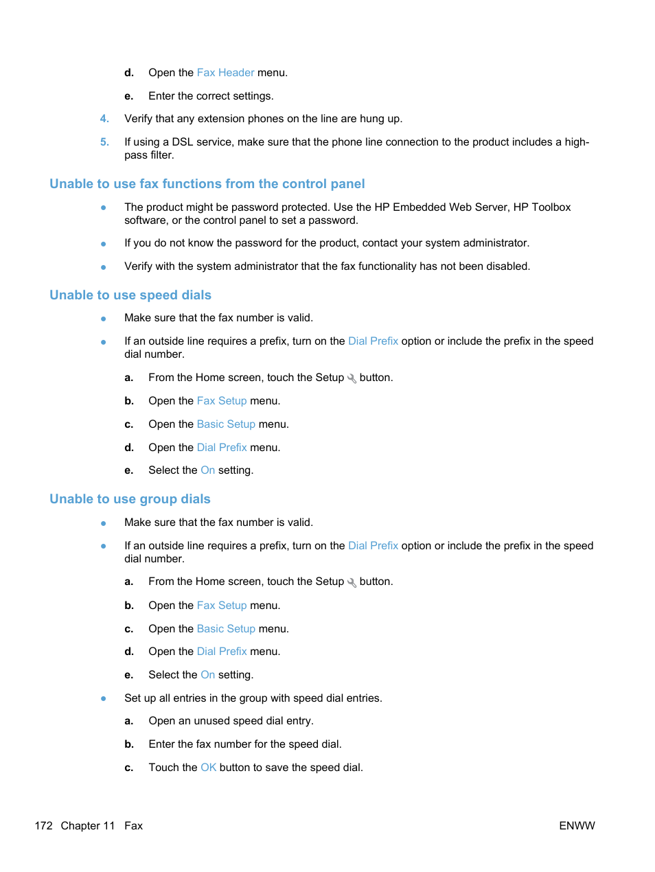 Unable to use fax functions from the control panel, Unable to use speed dials, Unable to use group dials | HP LaserJet Pro CM1415fnw Color Multifunction Printer User Manual | Page 188 / 308