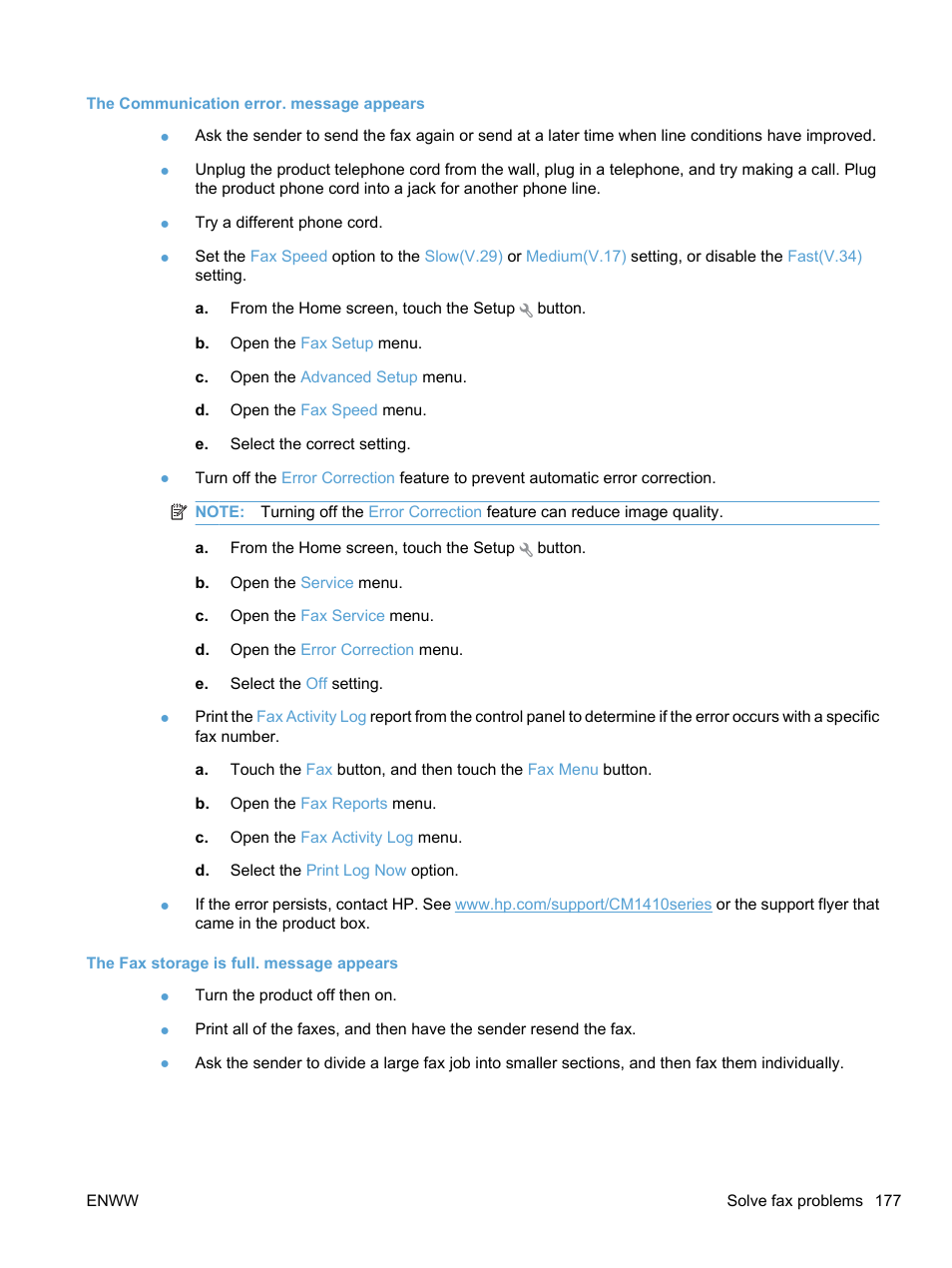 The communication error. message appears, The fax storage is full. message appears | HP LaserJet Pro CM1415fnw Color Multifunction Printer User Manual | Page 193 / 308