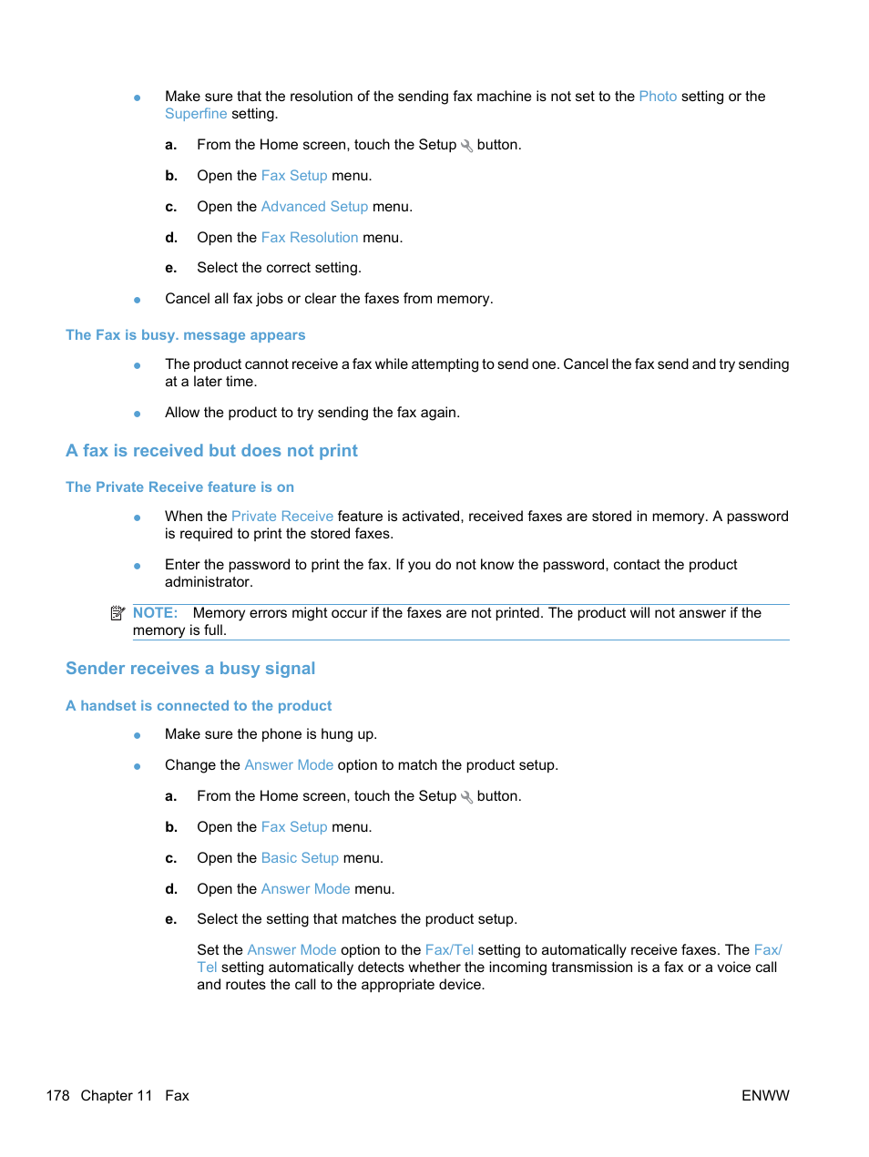 The fax is busy. message appears, A fax is received but does not print, The private receive feature is on | Sender receives a busy signal, A handset is connected to the product | HP LaserJet Pro CM1415fnw Color Multifunction Printer User Manual | Page 194 / 308