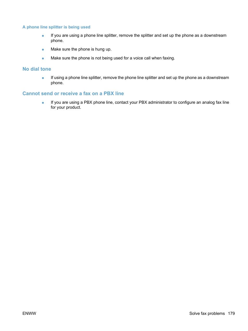 A phone line splitter is being used, No dial tone, Cannot send or receive a fax on a pbx line | HP LaserJet Pro CM1415fnw Color Multifunction Printer User Manual | Page 195 / 308