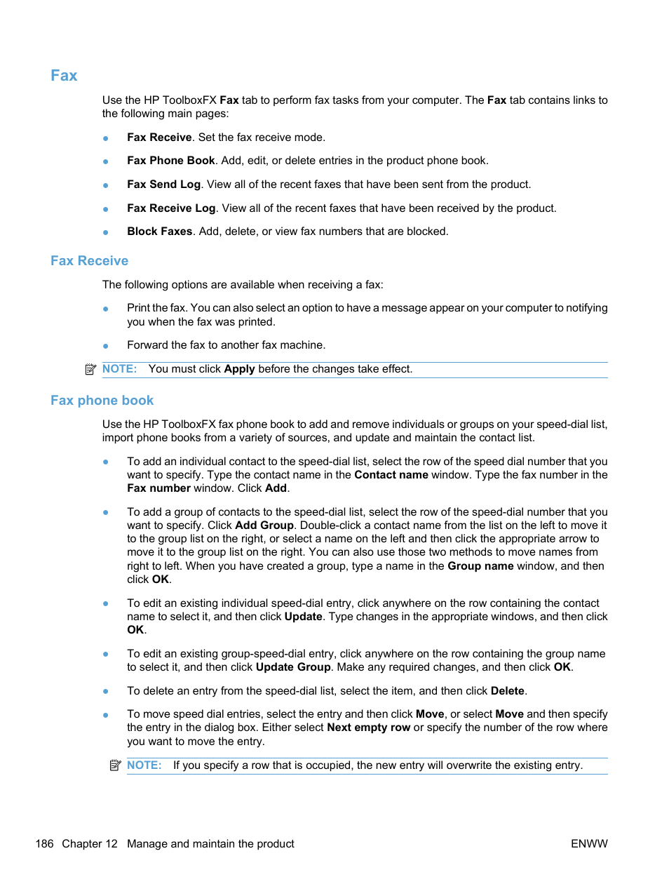 Fax receive, Fax phone book | HP LaserJet Pro CM1415fnw Color Multifunction Printer User Manual | Page 202 / 308