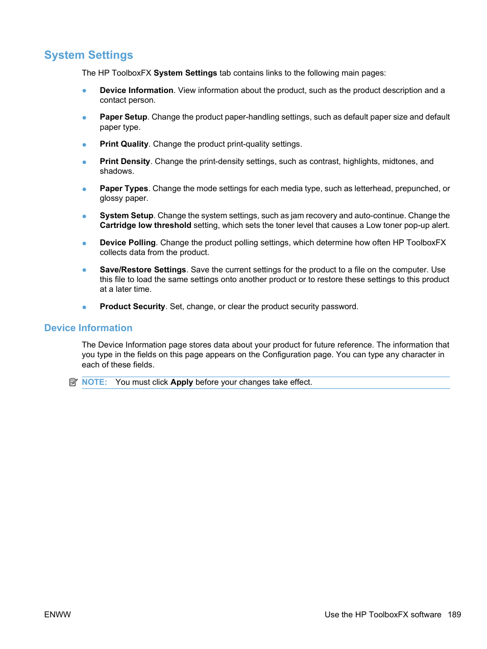 System settings, Device information | HP LaserJet Pro CM1415fnw Color Multifunction Printer User Manual | Page 205 / 308