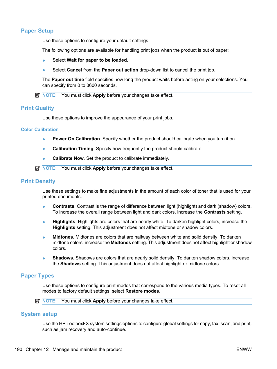 Paper setup, Print quality, Print density | Paper types, System setup | HP LaserJet Pro CM1415fnw Color Multifunction Printer User Manual | Page 206 / 308