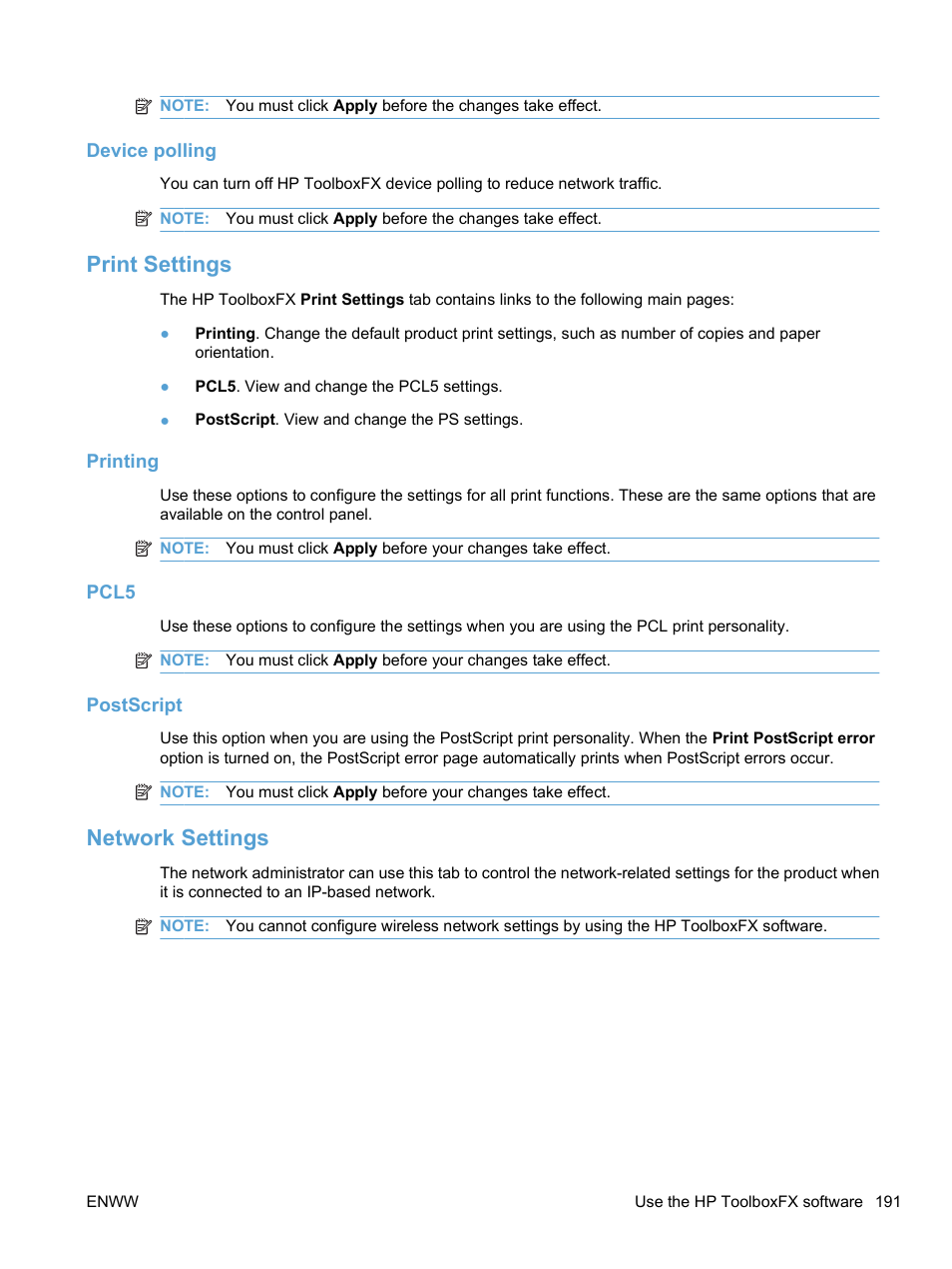 Device polling, Print settings, Printing | Pcl5, Postscript, Network settings, Print settings network settings | HP LaserJet Pro CM1415fnw Color Multifunction Printer User Manual | Page 207 / 308