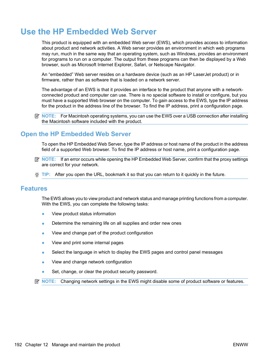 Use the hp embedded web server, Open the hp embedded web server, Features | Open the hp embedded web server features | HP LaserJet Pro CM1415fnw Color Multifunction Printer User Manual | Page 208 / 308