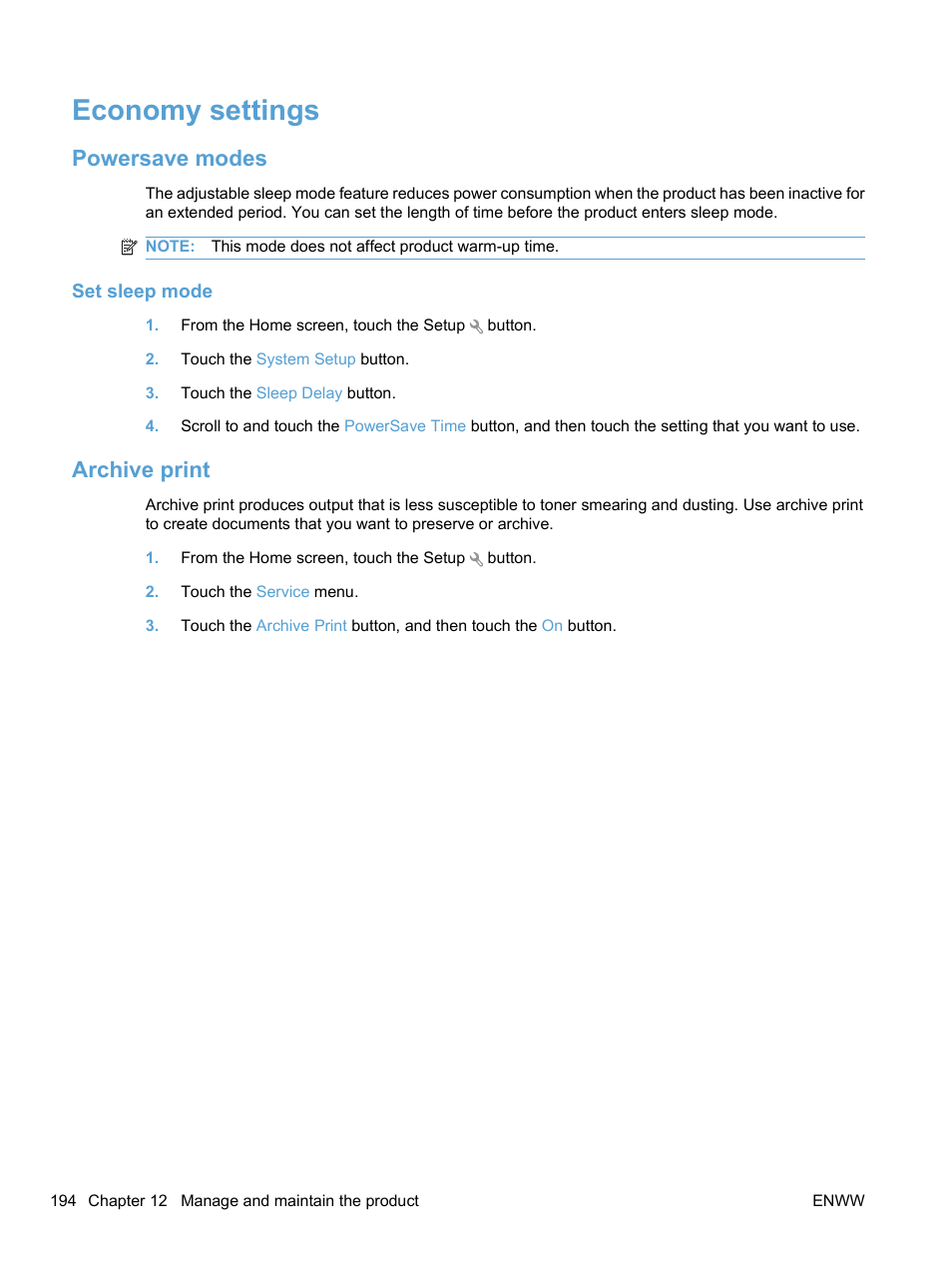 Economy settings, Powersave modes, Set sleep mode | Archive print, Powersave modes archive print | HP LaserJet Pro CM1415fnw Color Multifunction Printer User Manual | Page 210 / 308