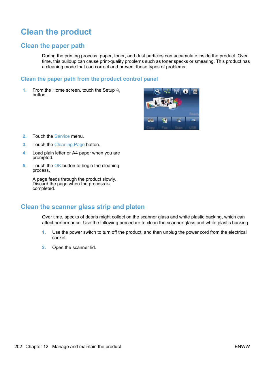 Clean the product, Clean the paper path, Clean the scanner glass strip and platen | HP LaserJet Pro CM1415fnw Color Multifunction Printer User Manual | Page 218 / 308