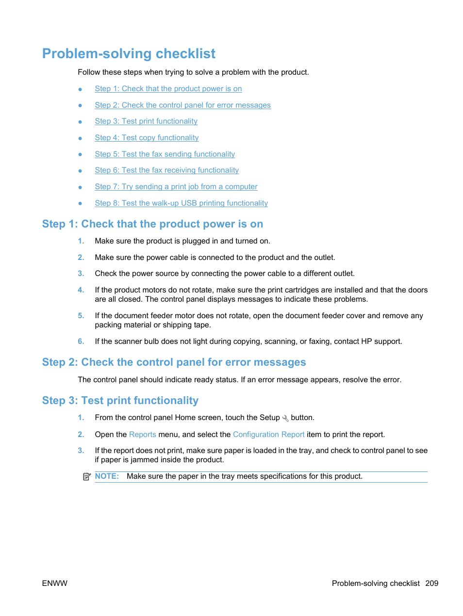 Problem-solving checklist, Step 1: check that the product power is on, Step 2: check the control panel for error messages | Step 3: test print functionality | HP LaserJet Pro CM1415fnw Color Multifunction Printer User Manual | Page 225 / 308