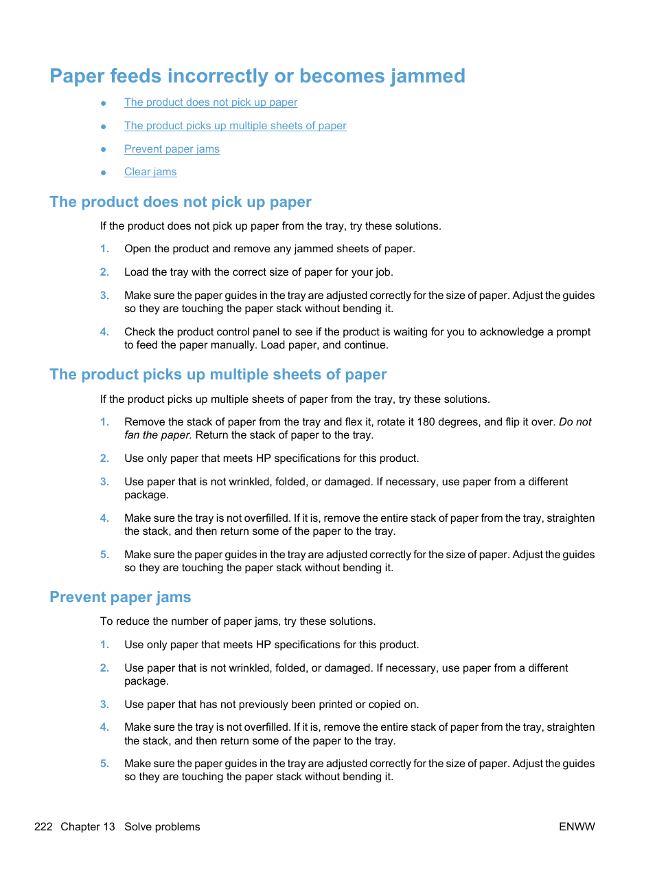 Paper feeds incorrectly or becomes jammed, The product does not pick up paper, The product picks up multiple sheets of paper | Prevent paper jams | HP LaserJet Pro CM1415fnw Color Multifunction Printer User Manual | Page 238 / 308