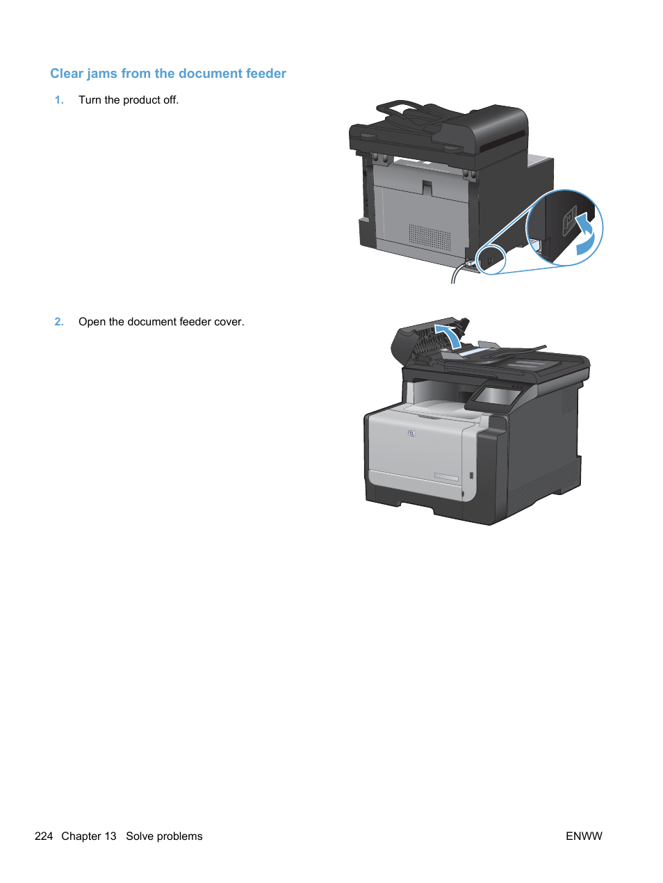 Clear jams from the document feeder | HP LaserJet Pro CM1415fnw Color Multifunction Printer User Manual | Page 240 / 308