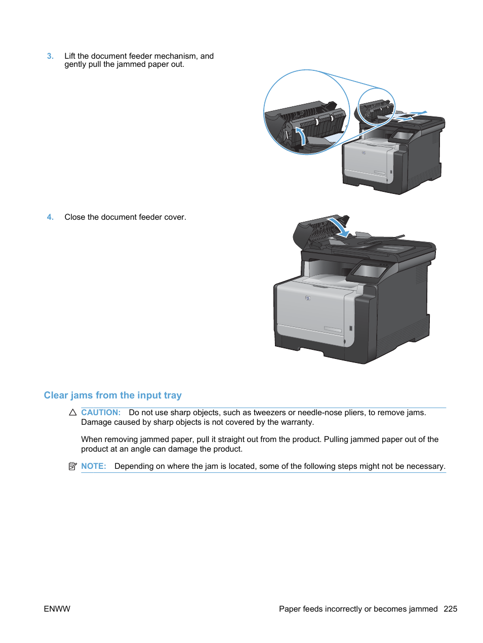 Clear jams from the input tray | HP LaserJet Pro CM1415fnw Color Multifunction Printer User Manual | Page 241 / 308