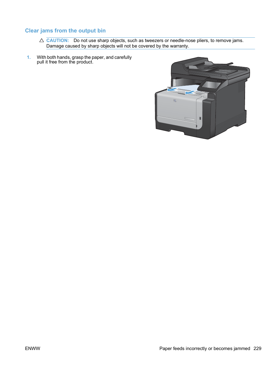 Clear jams from the output bin | HP LaserJet Pro CM1415fnw Color Multifunction Printer User Manual | Page 245 / 308