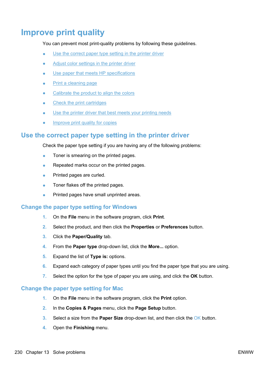 Improve print quality, Change the paper type setting for windows, Change the paper type setting for mac | HP LaserJet Pro CM1415fnw Color Multifunction Printer User Manual | Page 246 / 308