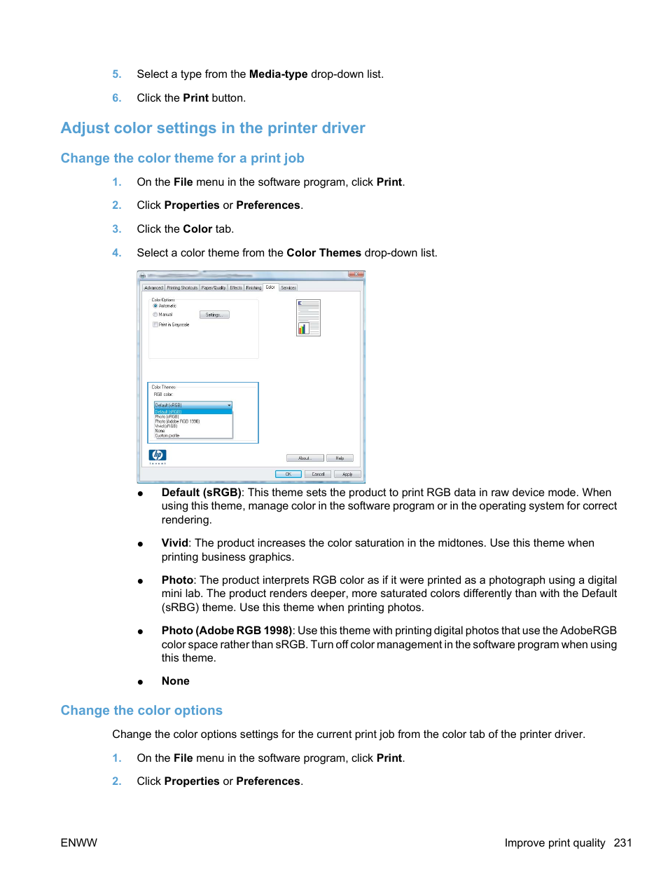 Adjust color settings in the printer driver, Change the color theme for a print job, Change the color options | HP LaserJet Pro CM1415fnw Color Multifunction Printer User Manual | Page 247 / 308