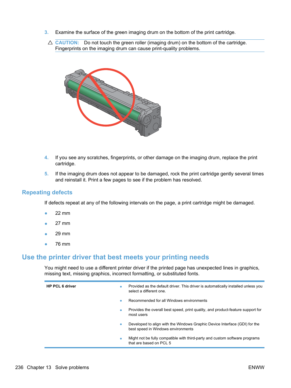 Repeating defects | HP LaserJet Pro CM1415fnw Color Multifunction Printer User Manual | Page 252 / 308