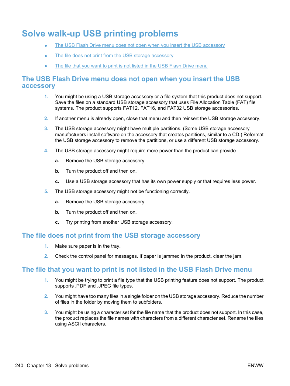 Solve walk-up usb printing problems | HP LaserJet Pro CM1415fnw Color Multifunction Printer User Manual | Page 256 / 308