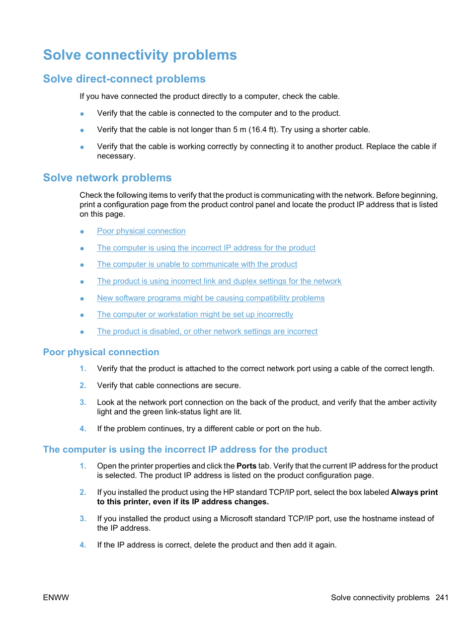 Solve connectivity problems, Solve direct-connect problems, Solve network problems | Poor physical connection | HP LaserJet Pro CM1415fnw Color Multifunction Printer User Manual | Page 257 / 308