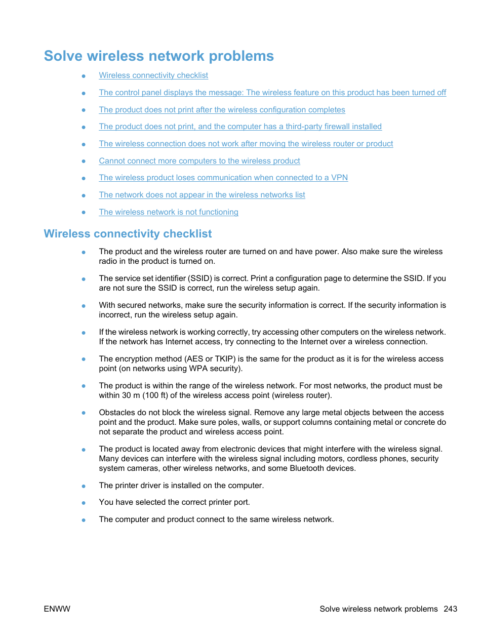 Solve wireless network problems, Wireless connectivity checklist | HP LaserJet Pro CM1415fnw Color Multifunction Printer User Manual | Page 259 / 308