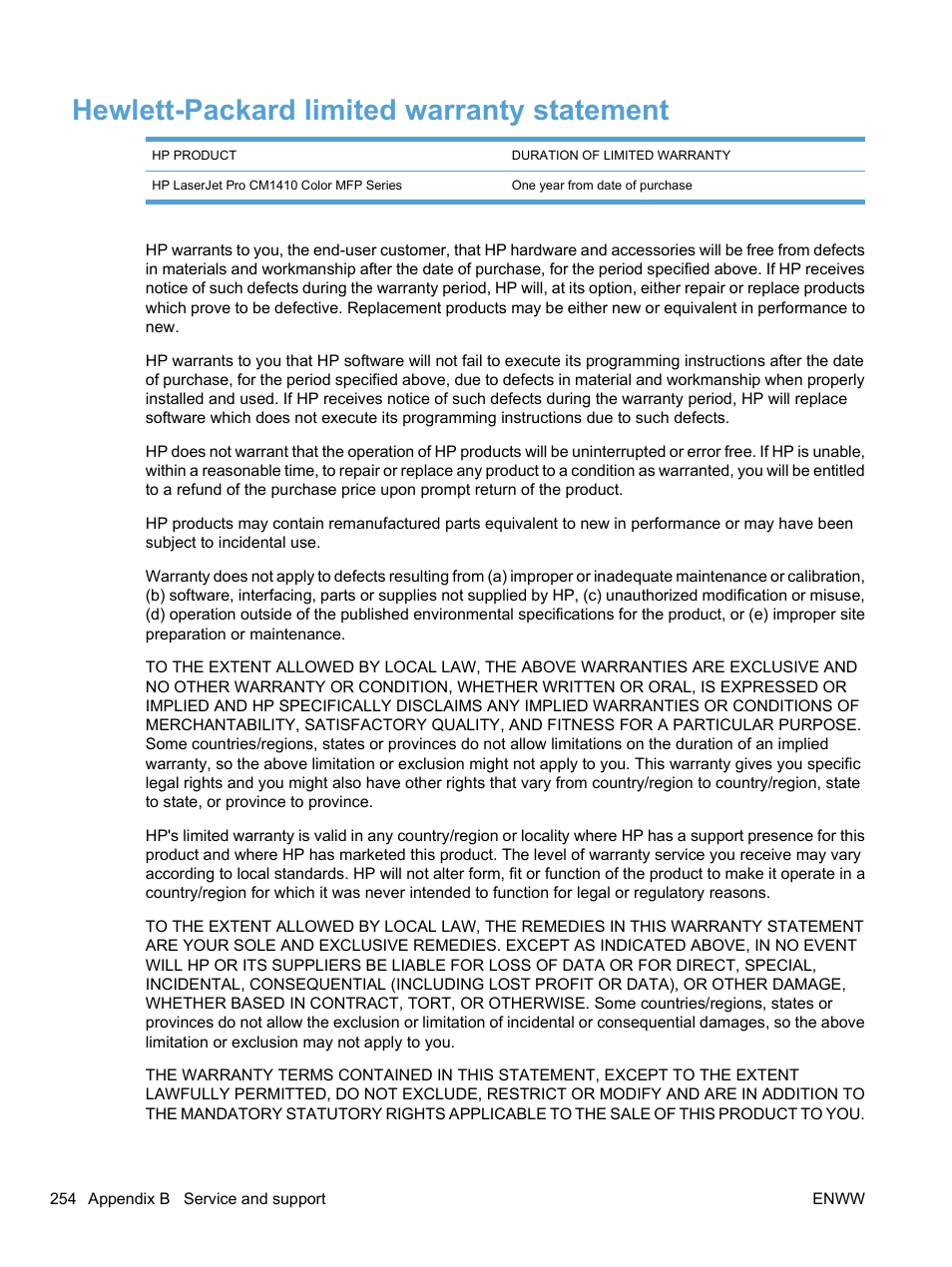 Hewlett-packard limited warranty statement | HP LaserJet Pro CM1415fnw Color Multifunction Printer User Manual | Page 270 / 308