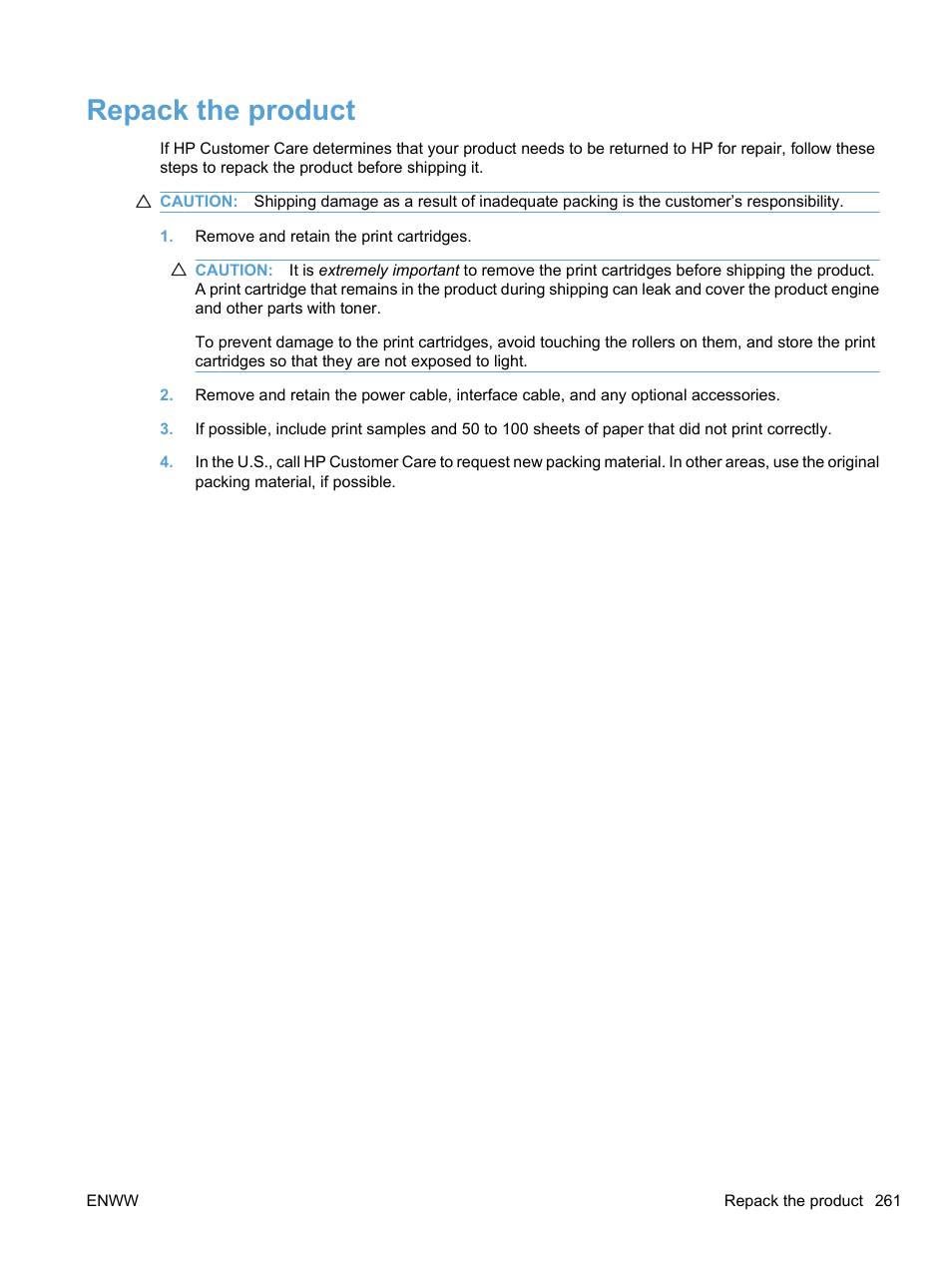 Repack the product | HP LaserJet Pro CM1415fnw Color Multifunction Printer User Manual | Page 277 / 308