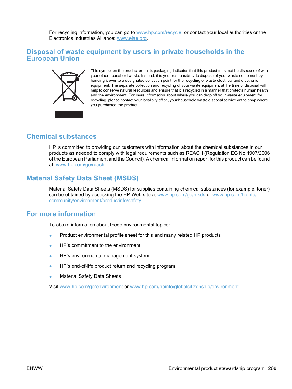 Chemical substances, Material safety data sheet (msds), For more information | HP LaserJet Pro CM1415fnw Color Multifunction Printer User Manual | Page 285 / 308