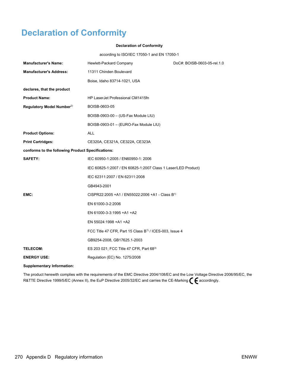 Declaration of conformity, 270 appendix d regulatory information enww | HP LaserJet Pro CM1415fnw Color Multifunction Printer User Manual | Page 286 / 308