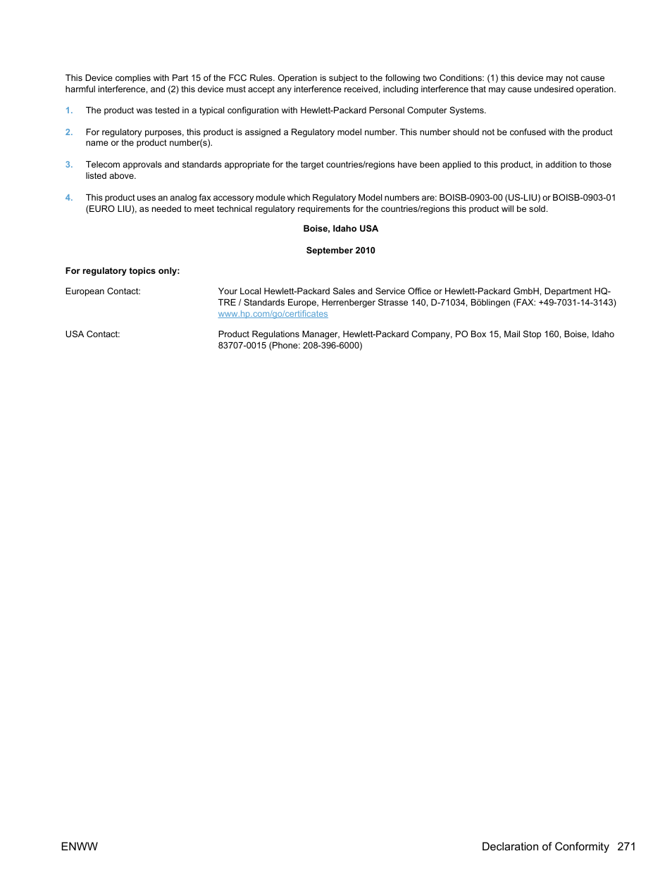 Enww declaration of conformity 271 | HP LaserJet Pro CM1415fnw Color Multifunction Printer User Manual | Page 287 / 308