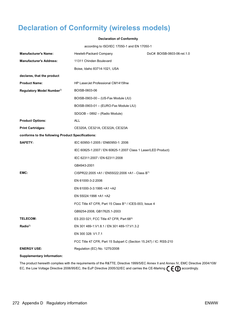 Declaration of conformity (wireless models), 272 appendix d regulatory information enww | HP LaserJet Pro CM1415fnw Color Multifunction Printer User Manual | Page 288 / 308