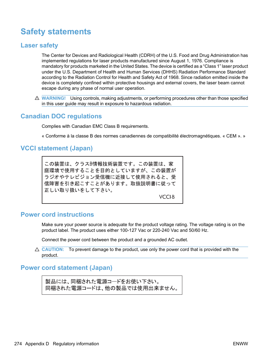 Safety statements, Laser safety, Canadian doc regulations | Vcci statement (japan), Power cord instructions, Power cord statement (japan), Vcci statement (japan) power cord instructions | HP LaserJet Pro CM1415fnw Color Multifunction Printer User Manual | Page 290 / 308