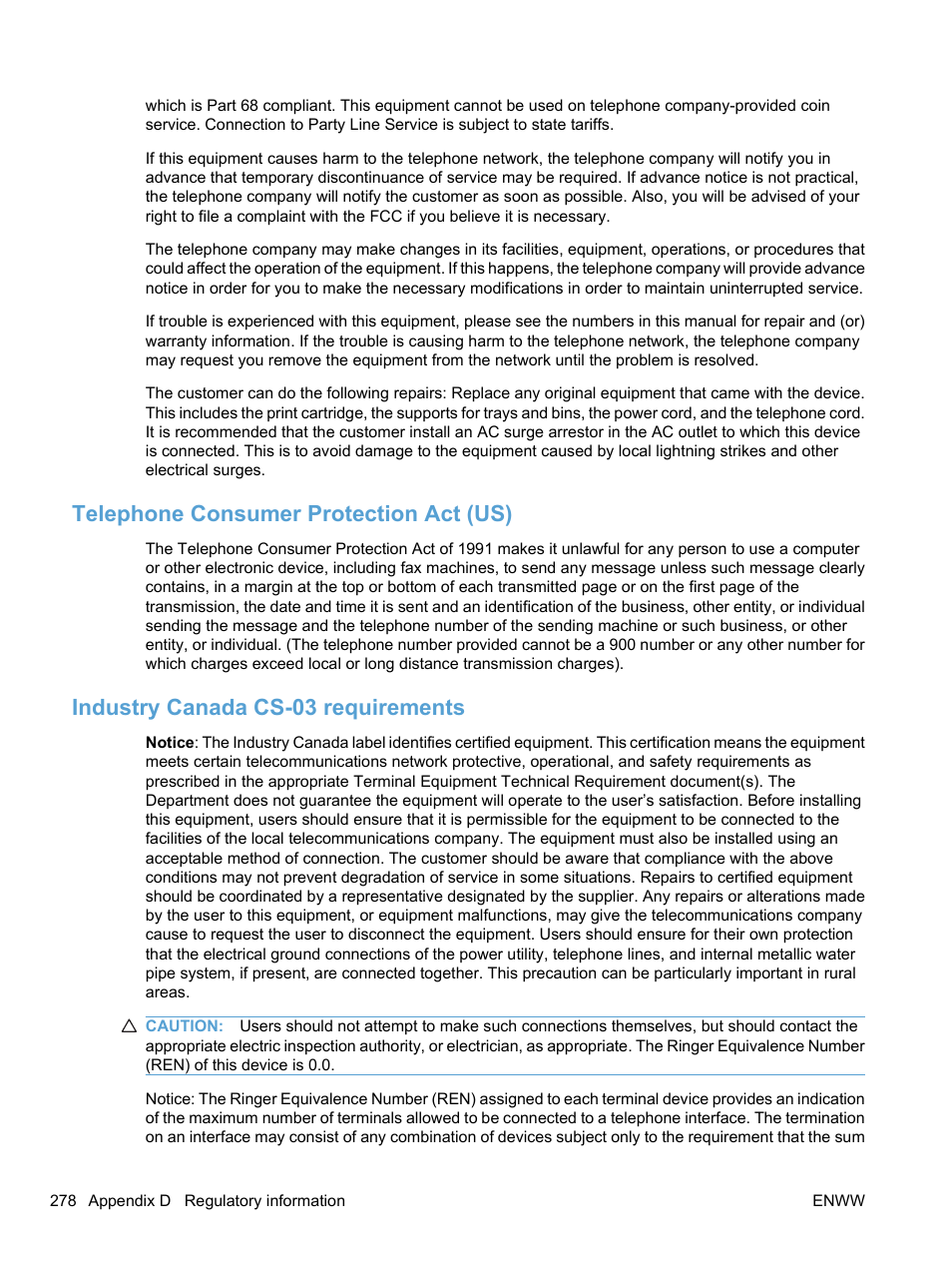 Telephone consumer protection act (us), Industry canada cs-03 requirements | HP LaserJet Pro CM1415fnw Color Multifunction Printer User Manual | Page 294 / 308