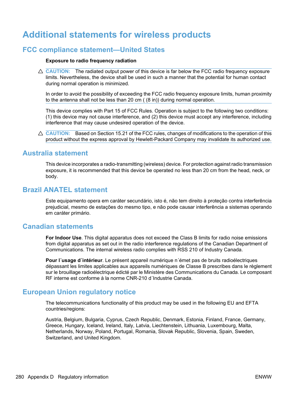 Additional statements for wireless products, Fcc compliance statement—united states, Australia statement | Brazil anatel statement, Canadian statements, European union regulatory notice | HP LaserJet Pro CM1415fnw Color Multifunction Printer User Manual | Page 296 / 308