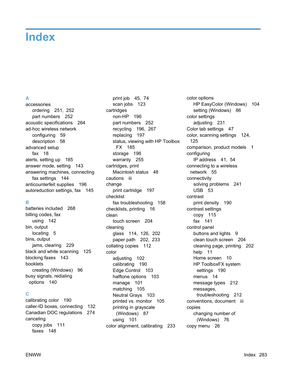 Index | HP LaserJet Pro CM1415fnw Color Multifunction Printer User Manual | Page 299 / 308