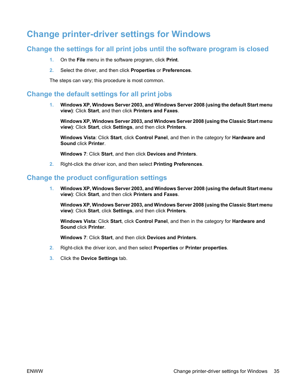 Change printer-driver settings for windows, Change the default settings for all print jobs, Change the product configuration settings | HP LaserJet Pro CM1415fnw Color Multifunction Printer User Manual | Page 51 / 308