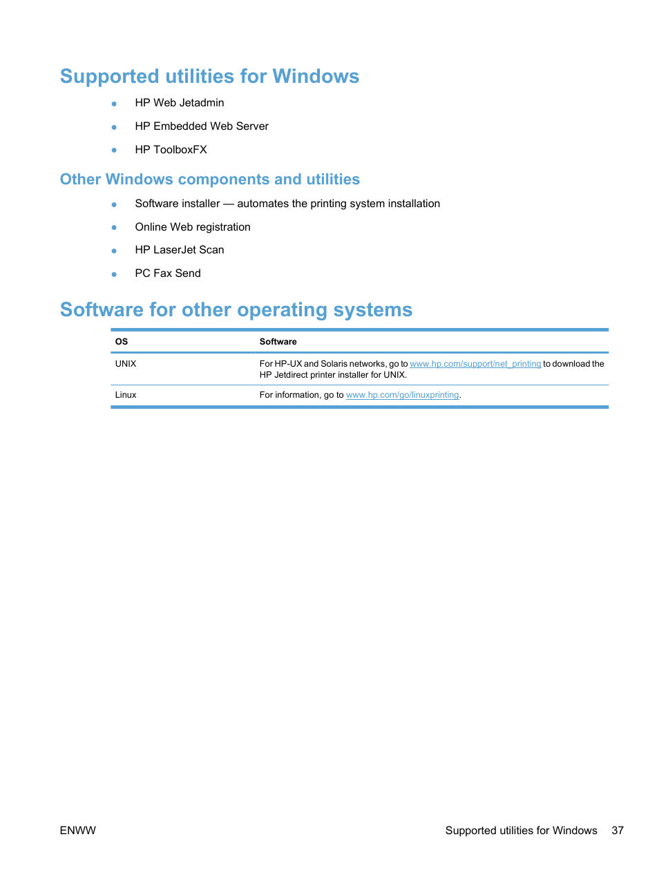 Supported utilities for windows, Other windows components and utilities, Software for other operating systems | HP LaserJet Pro CM1415fnw Color Multifunction Printer User Manual | Page 53 / 308