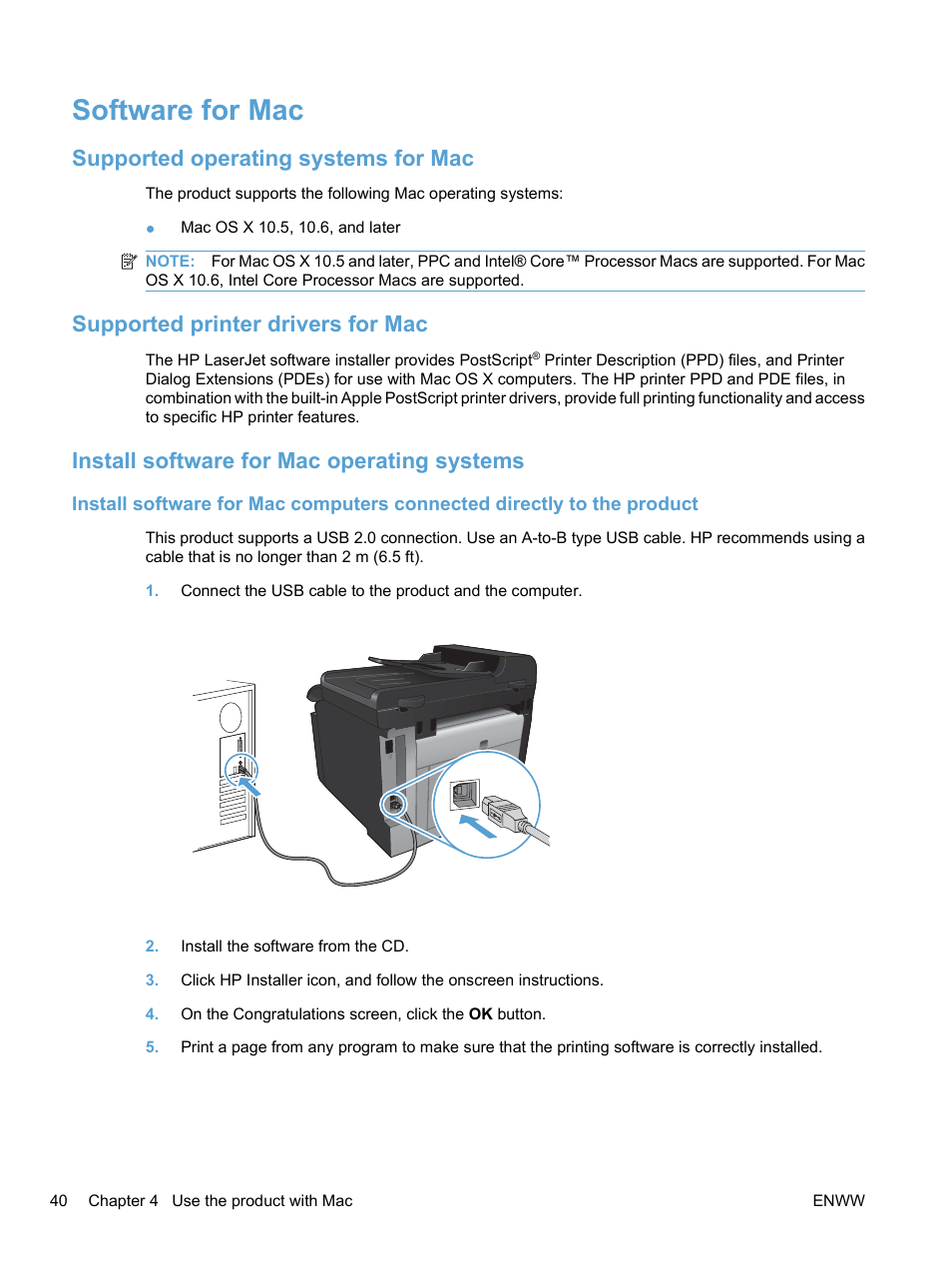 Software for mac, Supported operating systems for mac, Supported printer drivers for mac | Install software for mac operating systems | HP LaserJet Pro CM1415fnw Color Multifunction Printer User Manual | Page 56 / 308