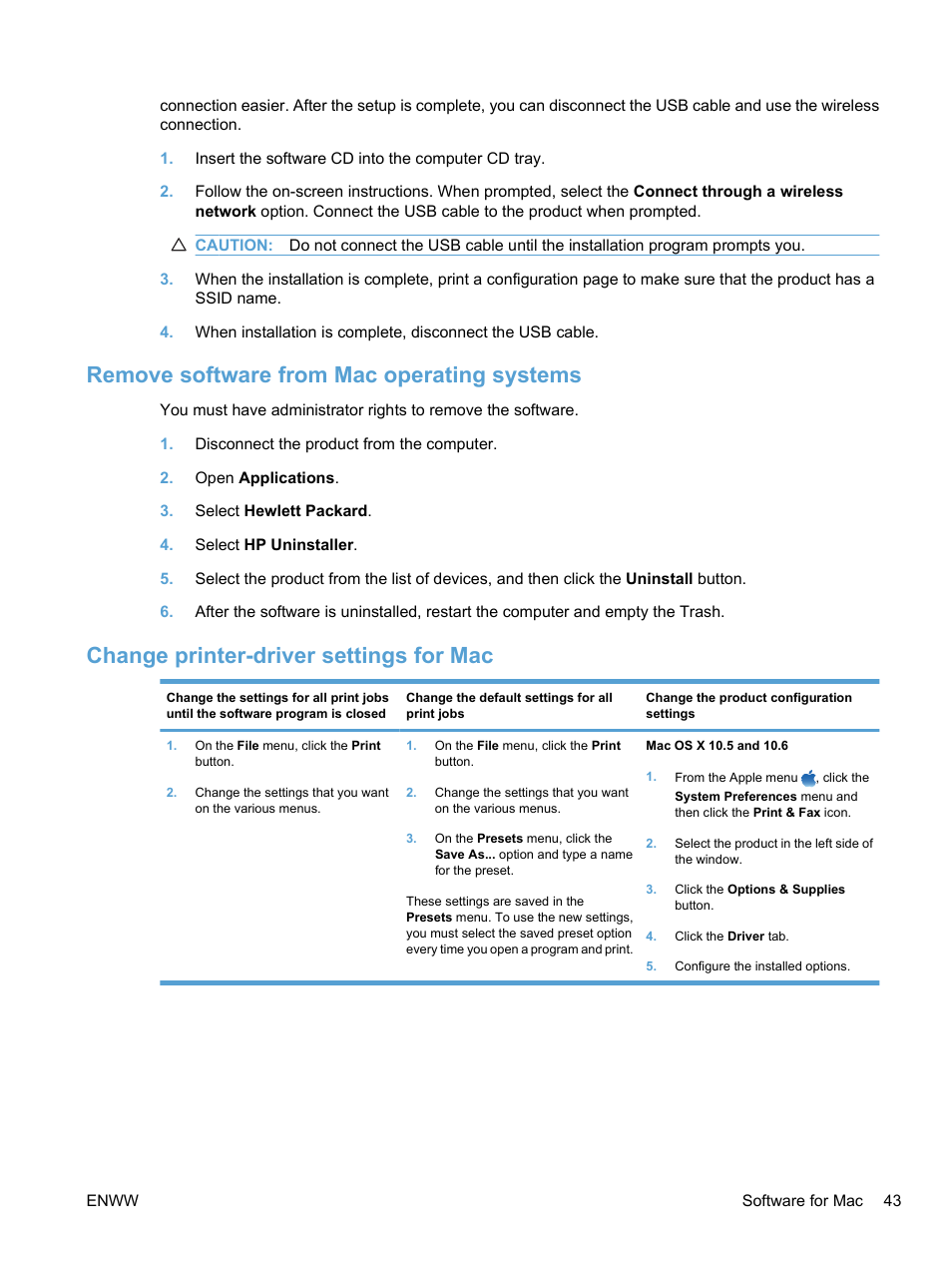 Remove software from mac operating systems, Change printer-driver settings for mac | HP LaserJet Pro CM1415fnw Color Multifunction Printer User Manual | Page 59 / 308