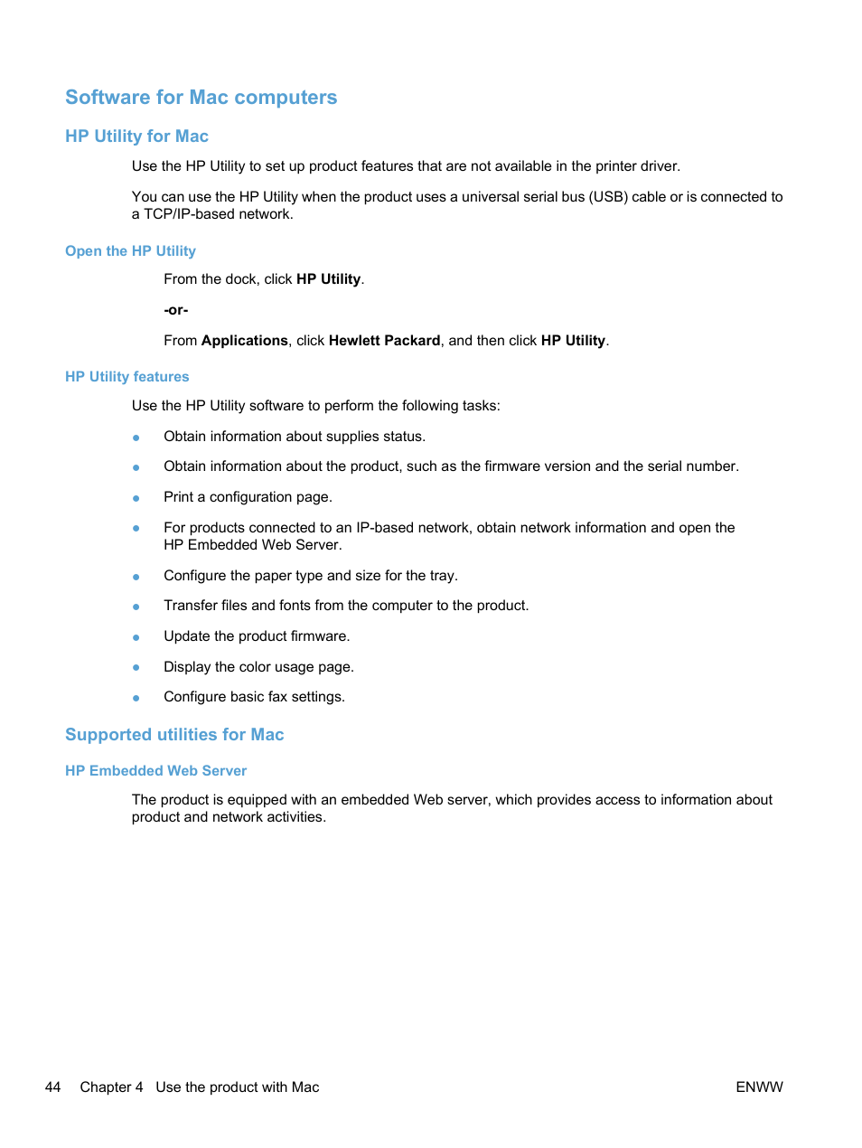 Software for mac computers, Hp utility for mac, Open the hp utility | Hp utility features, Supported utilities for mac, Hp embedded web server | HP LaserJet Pro CM1415fnw Color Multifunction Printer User Manual | Page 60 / 308