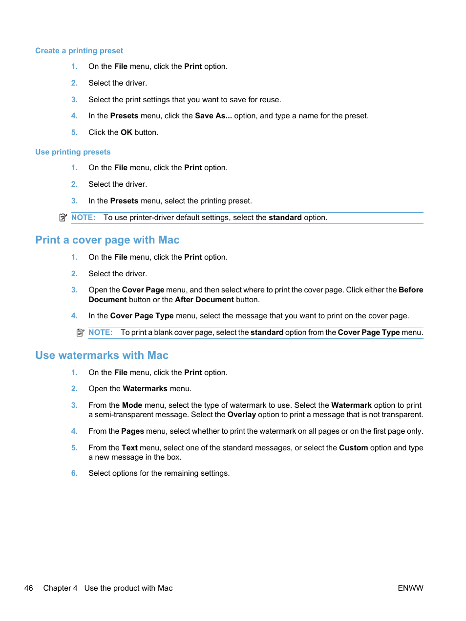 Use watermarks with mac, Print a cover page with mac | HP LaserJet Pro CM1415fnw Color Multifunction Printer User Manual | Page 62 / 308